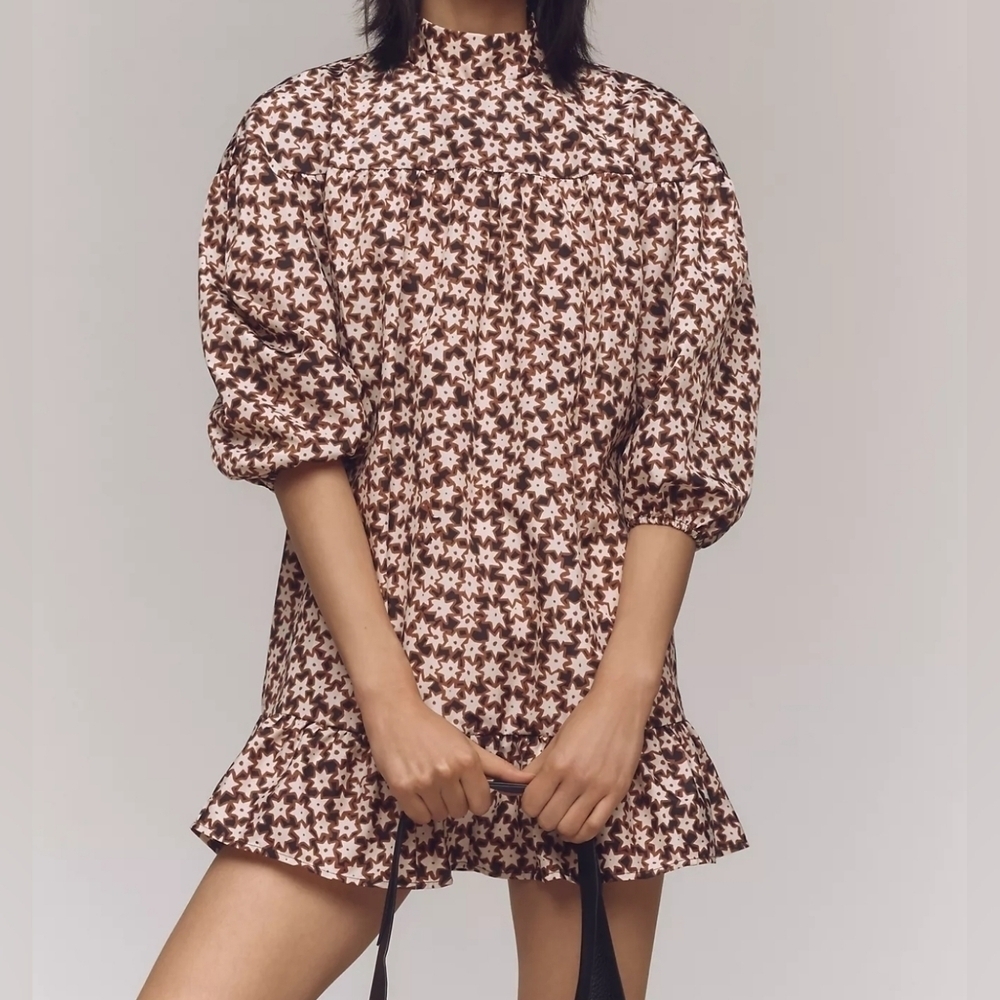 By Anthropologie Long-Sleeve Mock-Neck Oversized Swing Mini Dress, Brown, XS